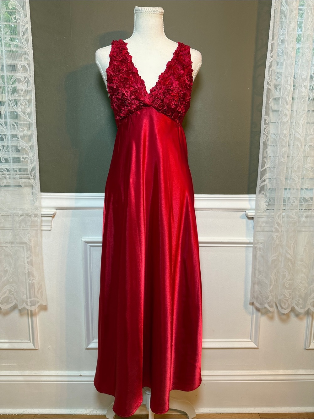 Vintage Flora Red Satin Maxi Slip Dress Rosette Bust S